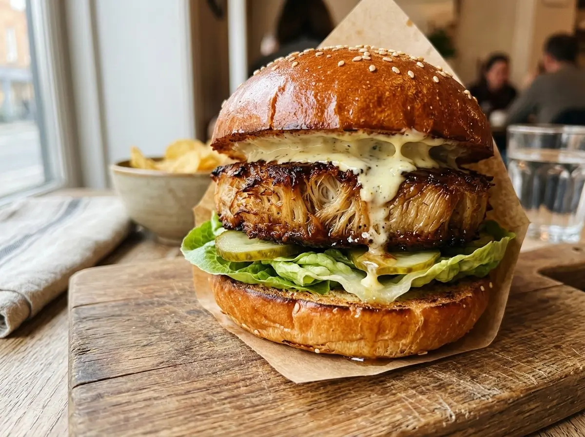 A pressed Lion's Mane mushroom steak in a toasted sesame bun with lemon mayo, little gem lettuce and gherkins, served on a wooden board